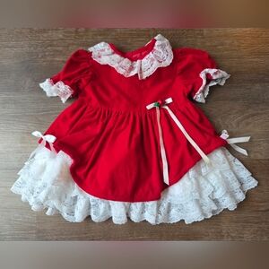 Vintage Roanna Red Velvet Frilly Baby Girl Christmas Lace Dress size 12 Months